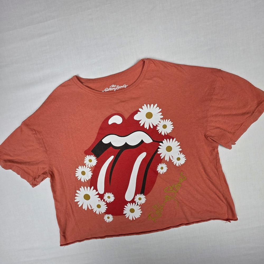 The Rolling Stones Daisy Tongue Graphic Crop Top Womens Large Orange Cotton Tee